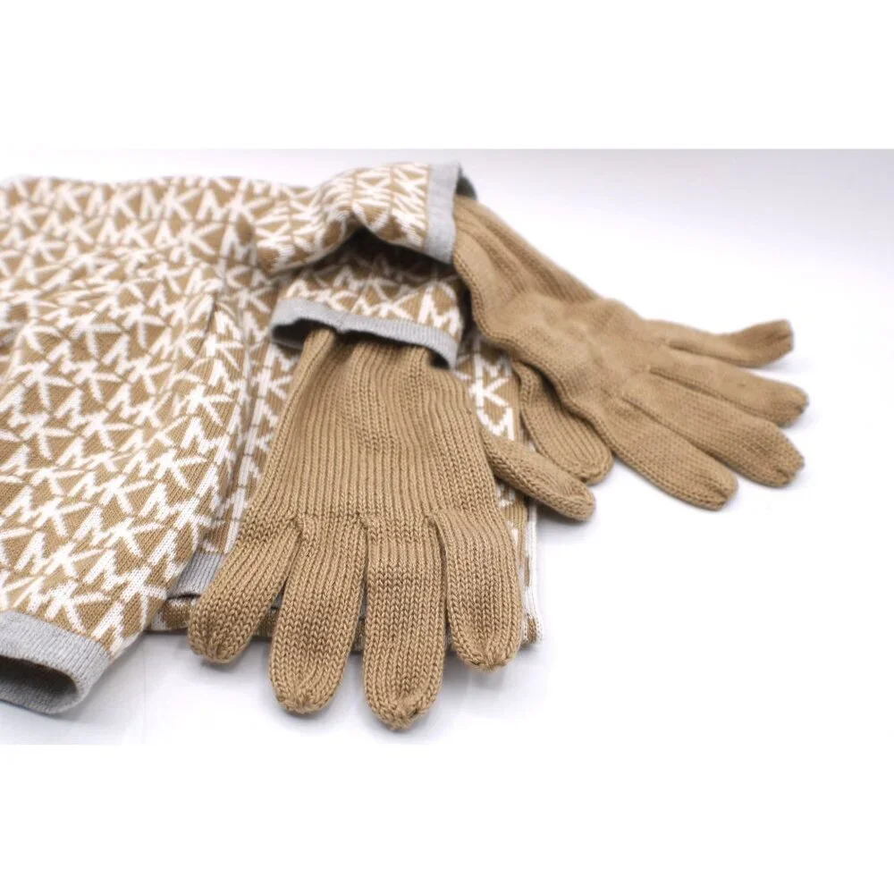 Michael Kors Matching Tan & White Monogram Knit Gloves Scarf & Beanie Set NWT - Picture 3 of 8